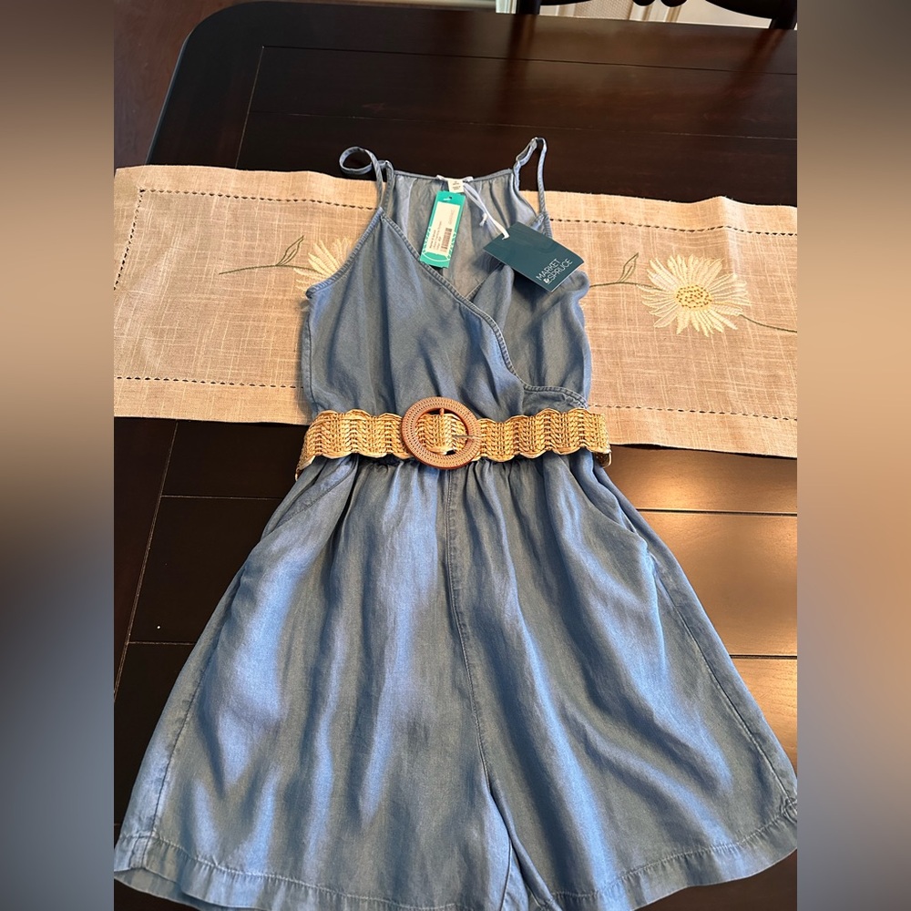 Chambray Blue Sleeveless Romper *belt not included*